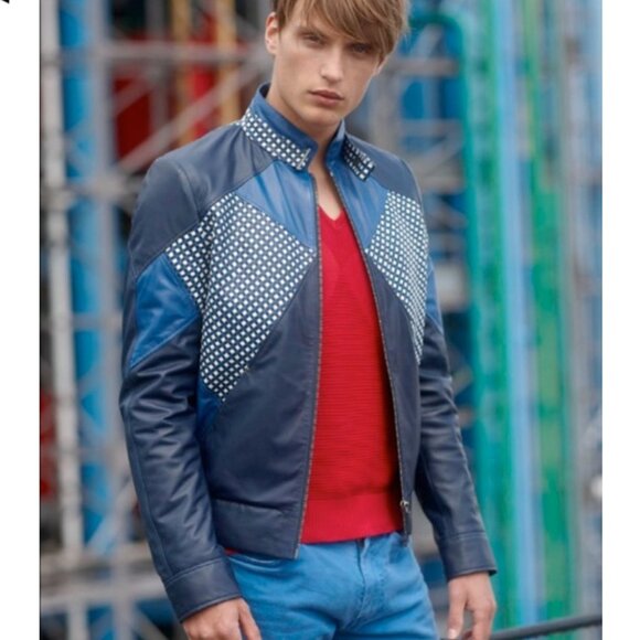 Barnabe Hardy Blue Patchwork Origami CrossWeave Biker Leather Jacket France 48 M - Picture 3 of 14